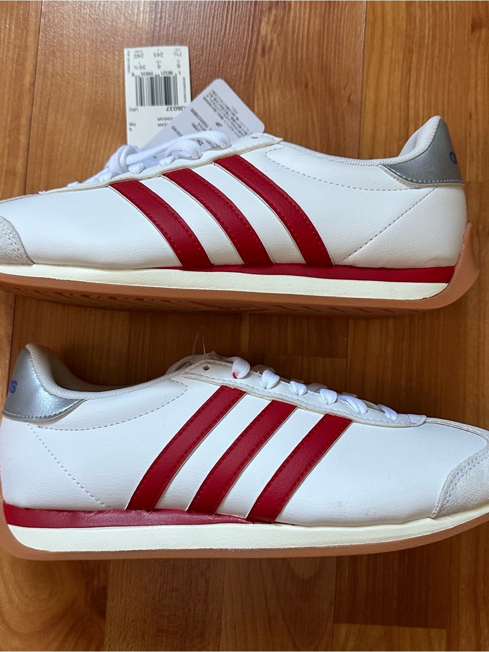 adidas White Sneakers with Red Stripes and Silver Heel